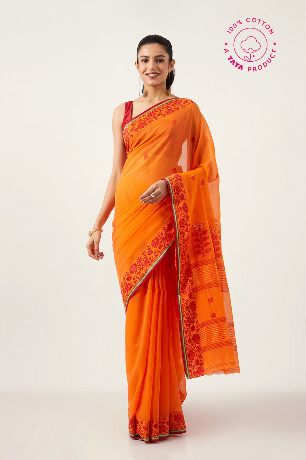 Orange Pure Cotton Jamdani Bengali Saree image number null