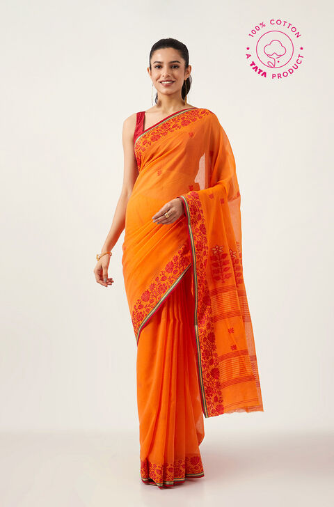 Orange Pure Cotton Jamdani Bengali Saree