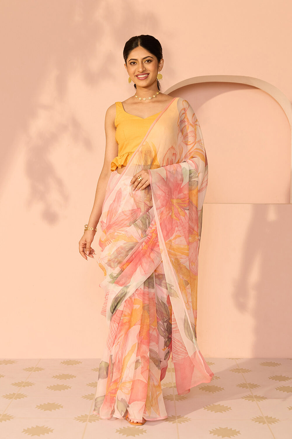 Light Pink Screen Printed Viscose Chiffon Saree image number null