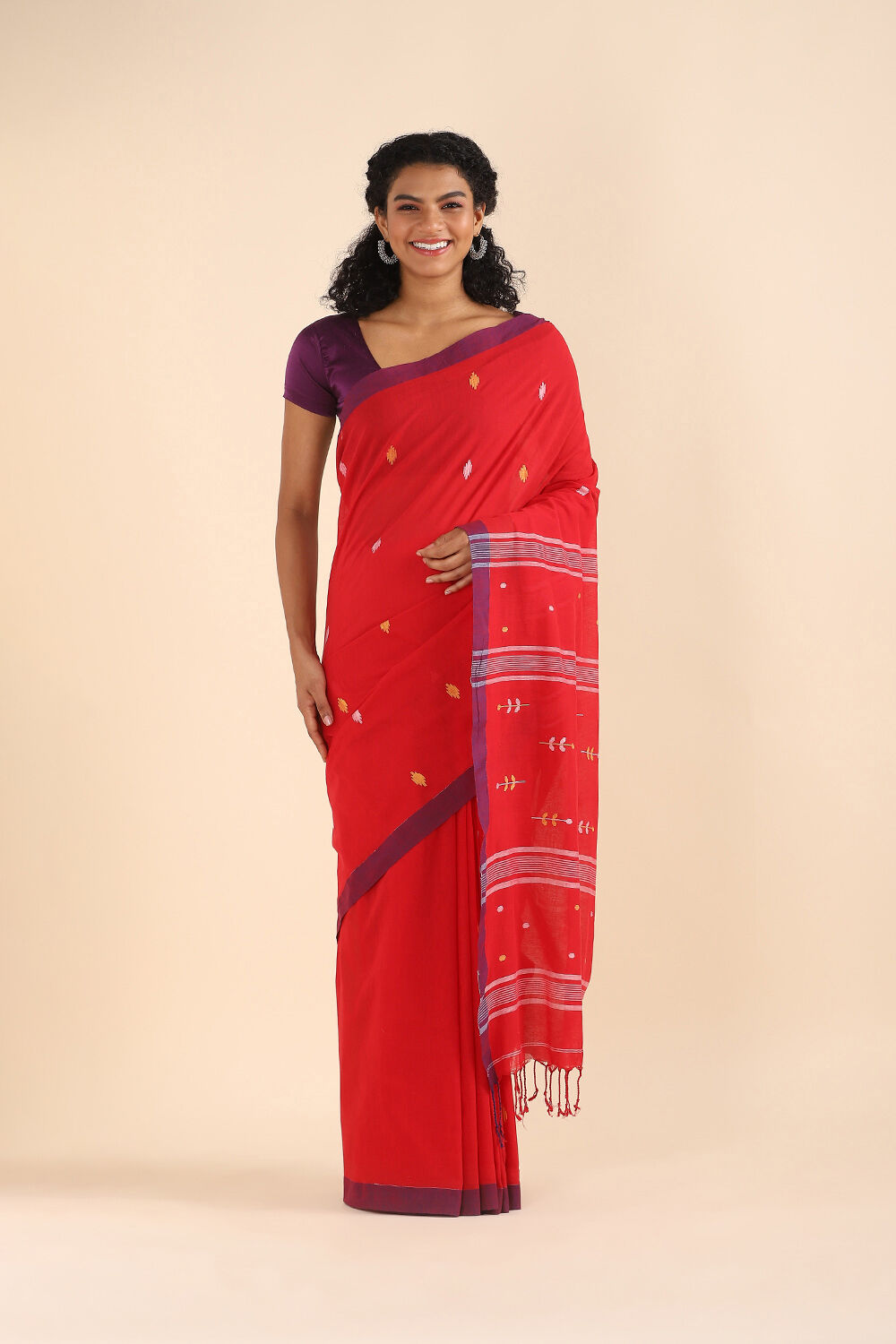 Dark Red Pure Cotton Jamdani Saree image number null