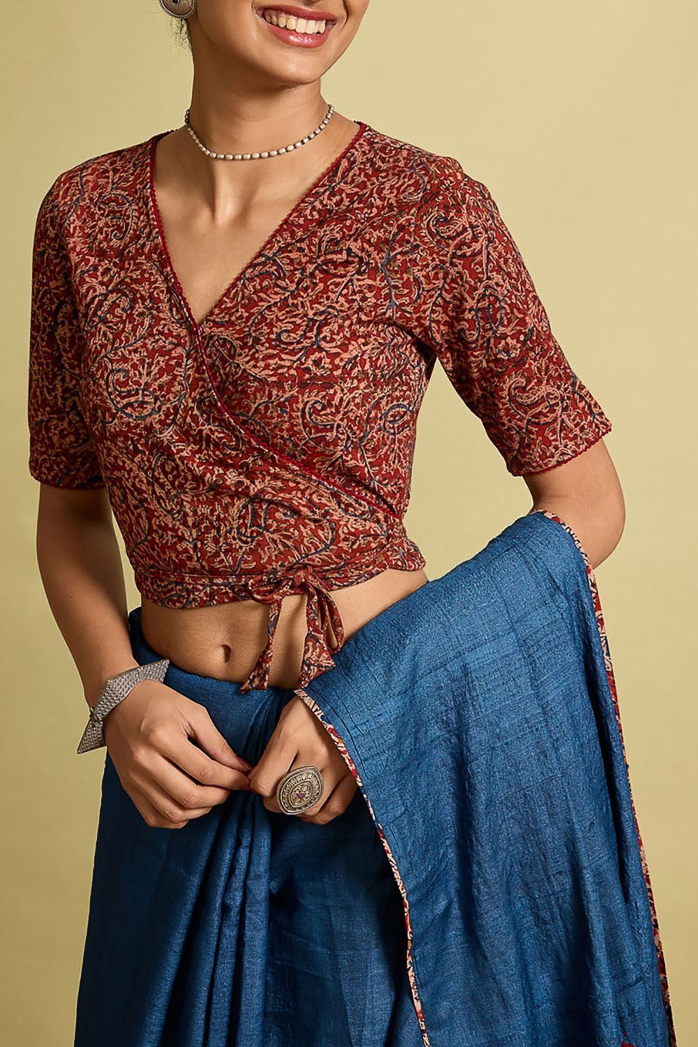 Dark Red Printed Kalamkari Cotton Knit Blouse image number null