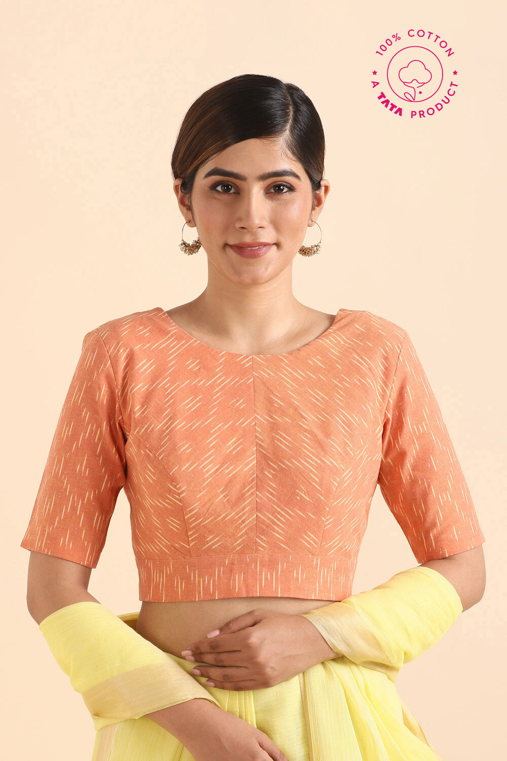 Light Orange Ikat Woven Cotton Blouse image number null