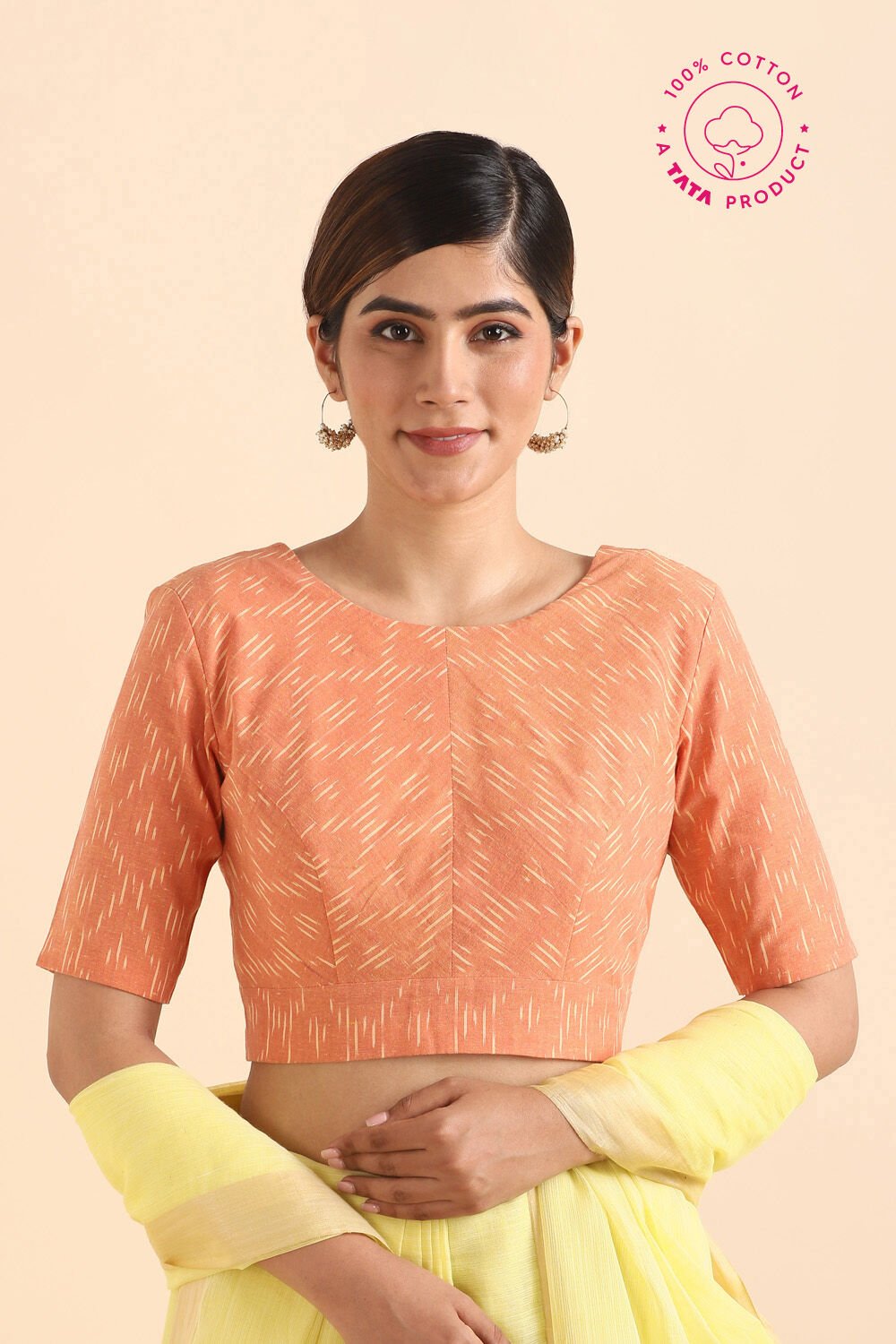 Light Orange Ikat Woven Cotton Blouse image number null