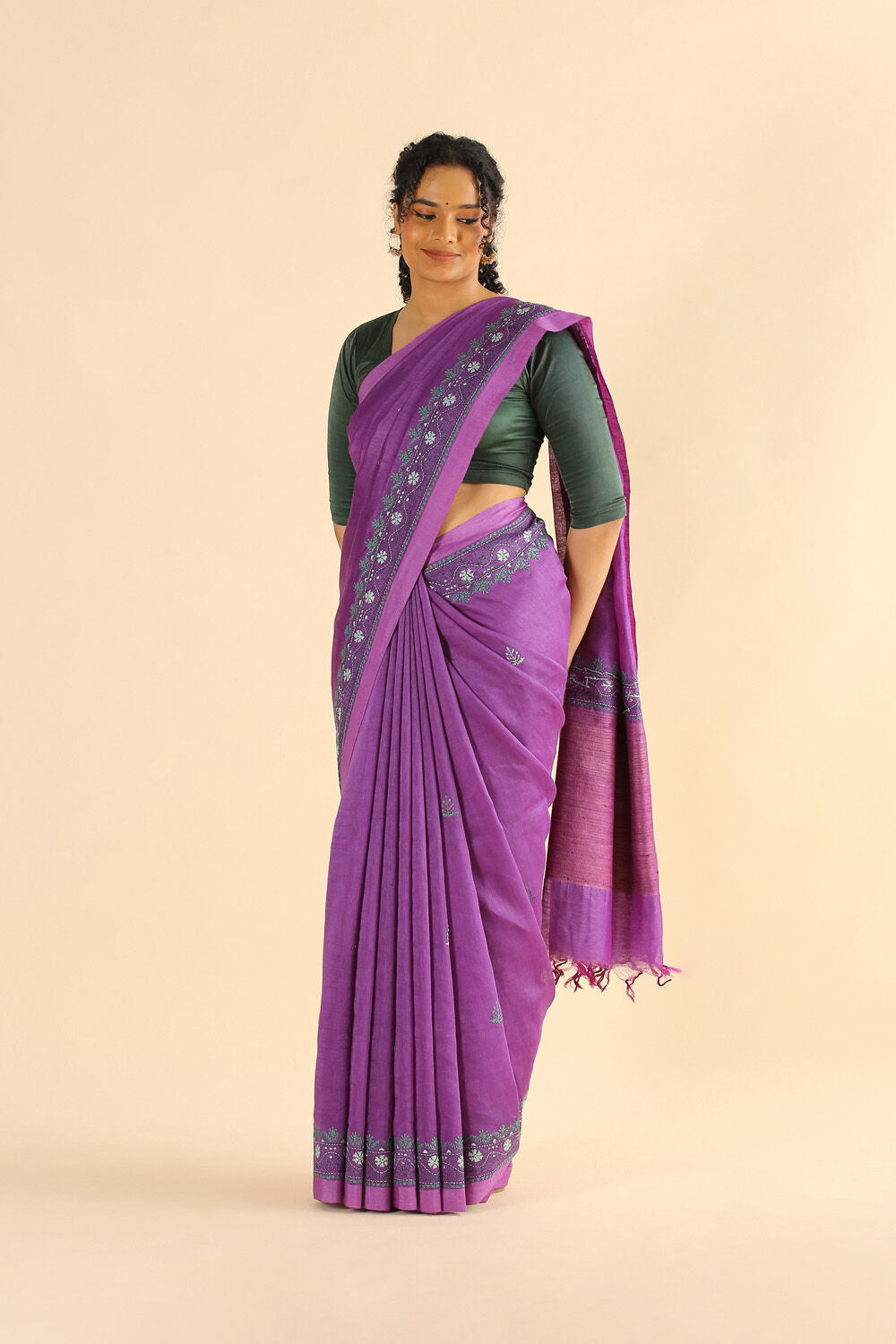 Violet Pure Silk Linen Embroidered Saree image number null