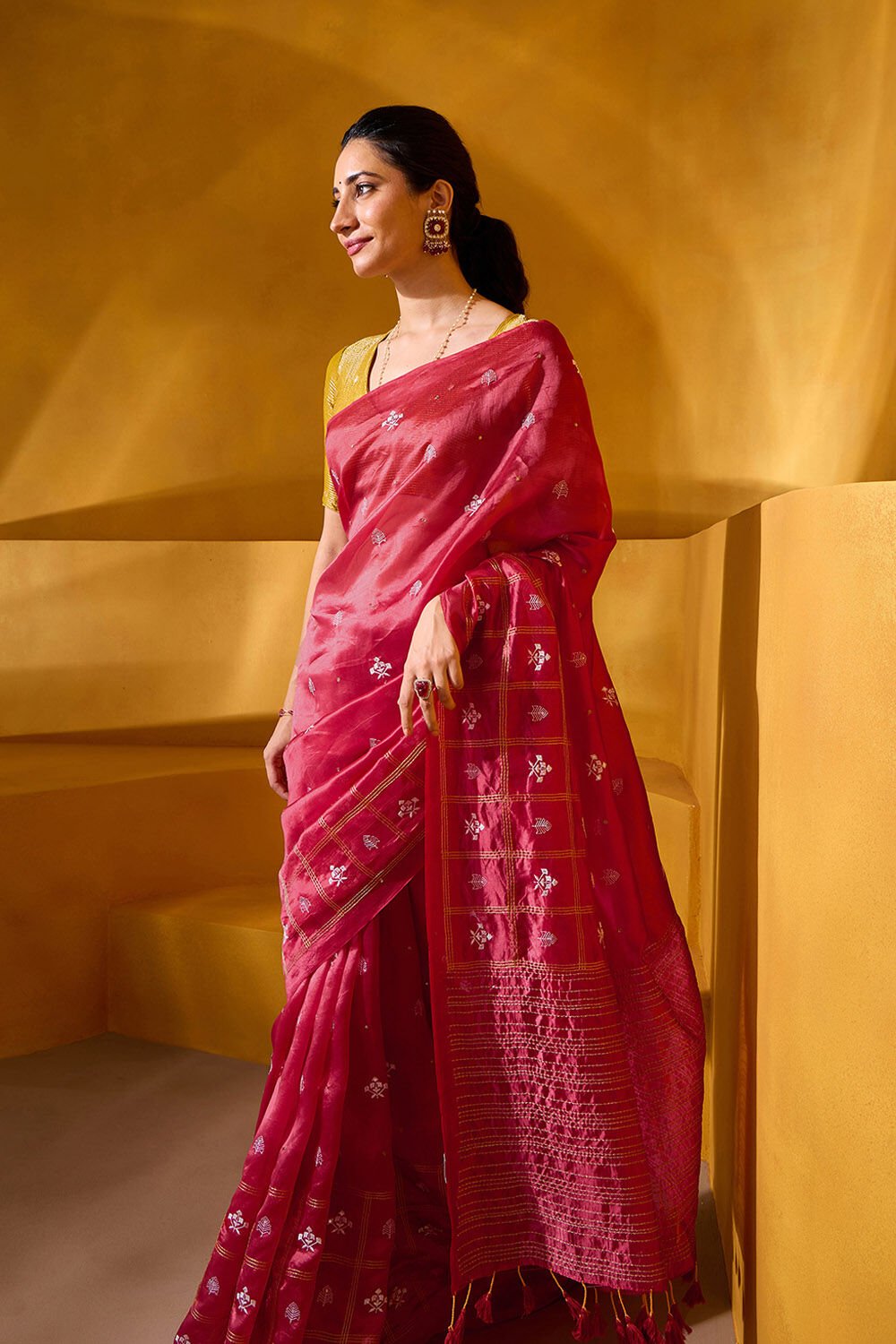Red Embroidered Silk Tencel Saree image number null