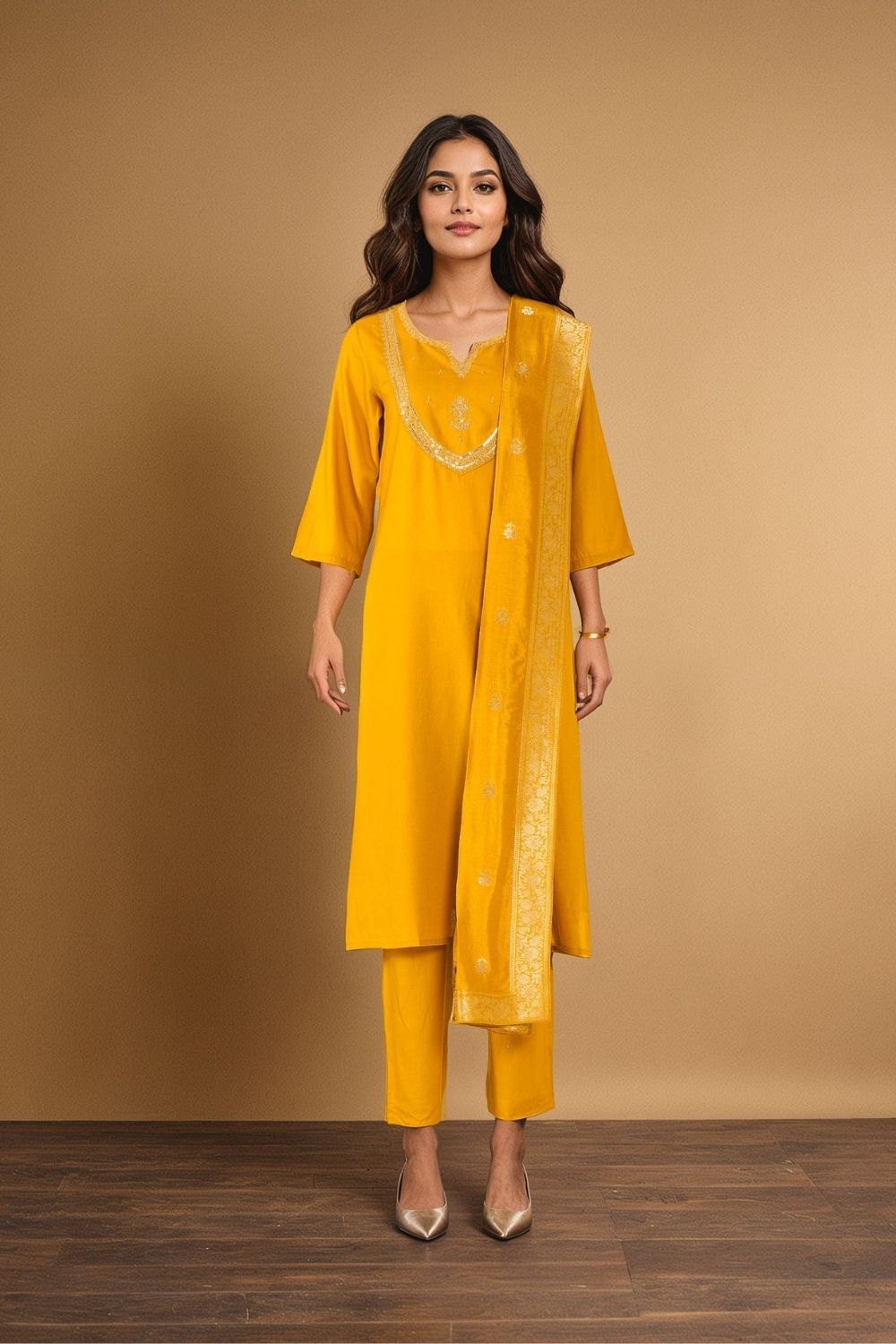 Yellow Viscose Embroidered Kurta Set image number null