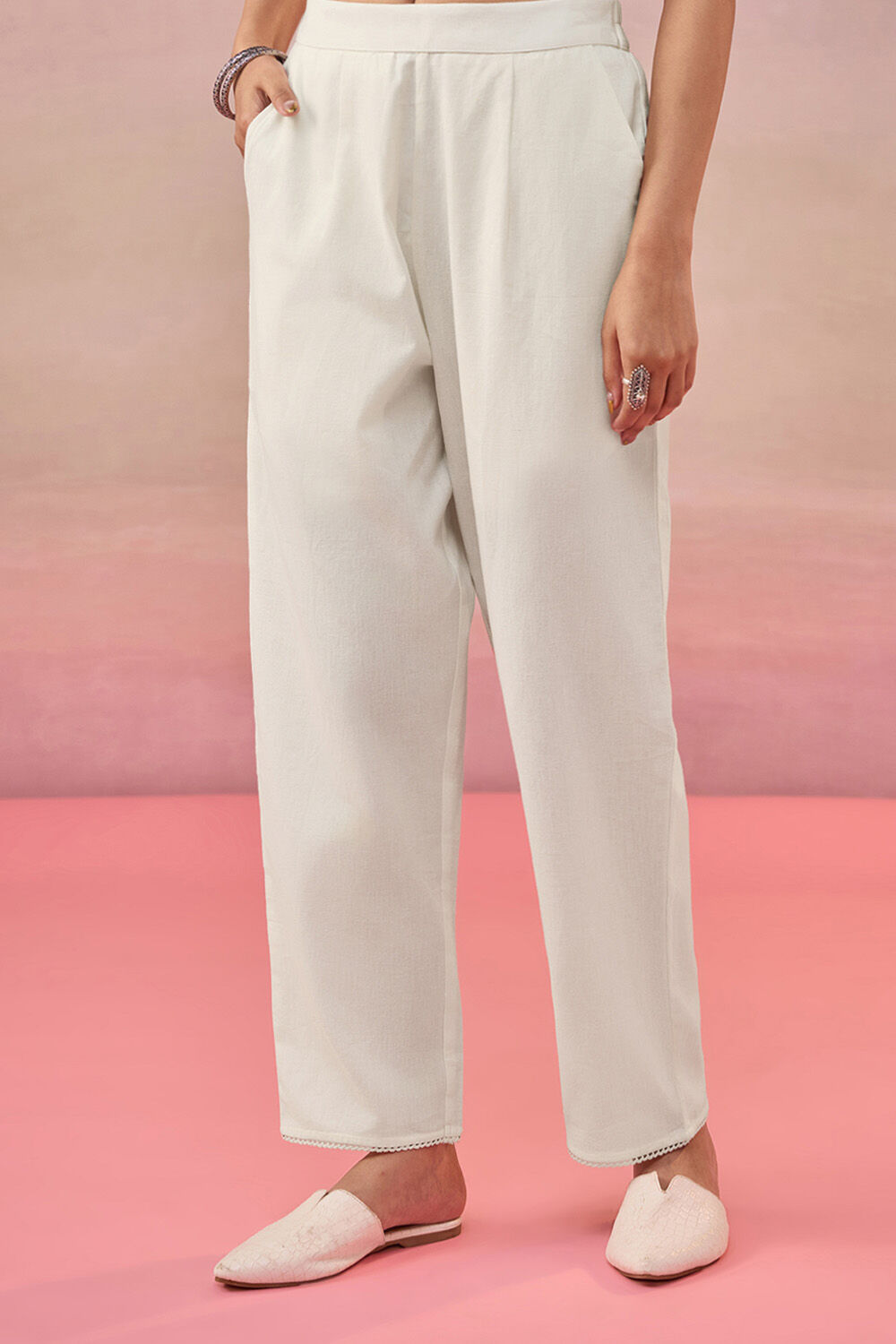 Off White Cotton Woven Trousers image number null