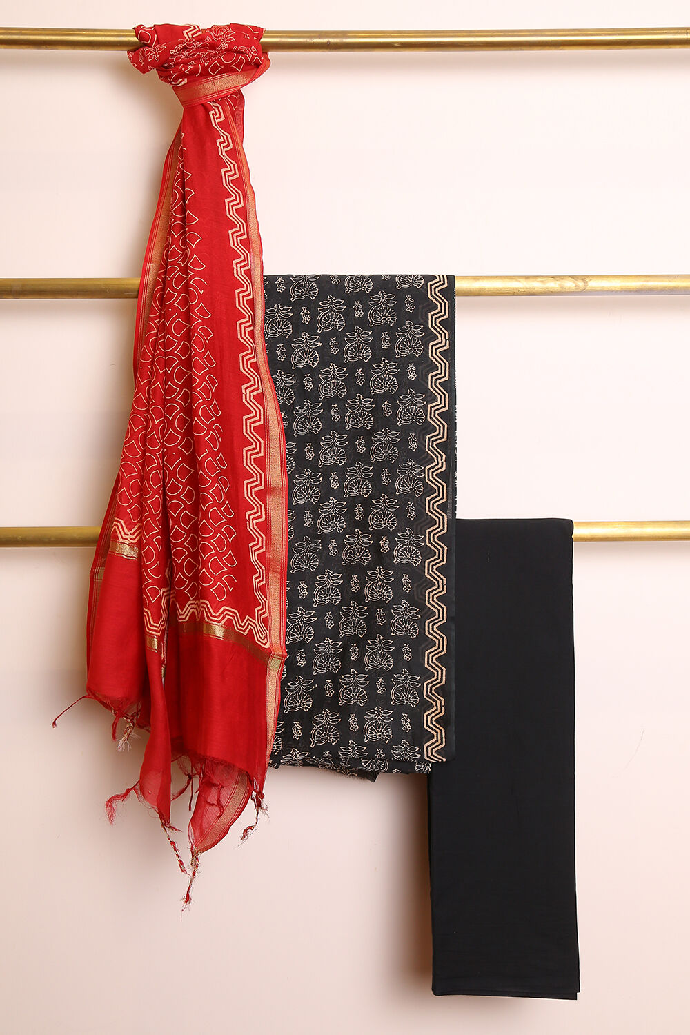 Black Pure Silk Cotton Suit Set image number null