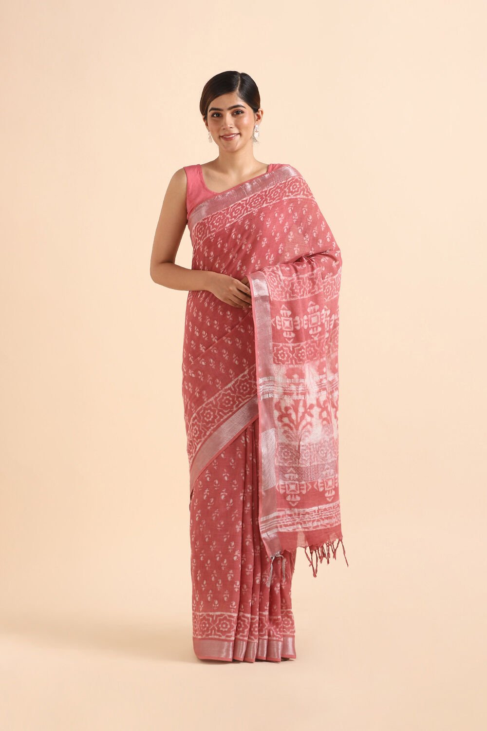 Pink Pure Cotton Linen Bagru Printed Saree image number null