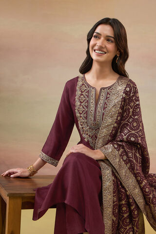 Dark Red Pure Viscose Embroidered Kurta Set image number