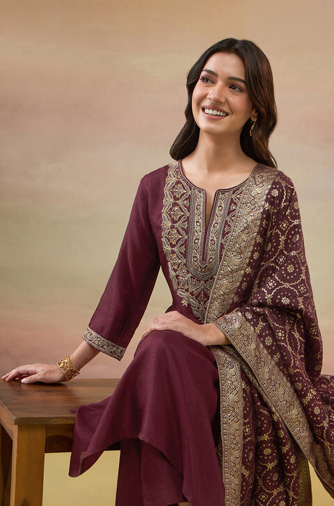 Dark Red Pure Viscose Embroidered Kurta Set