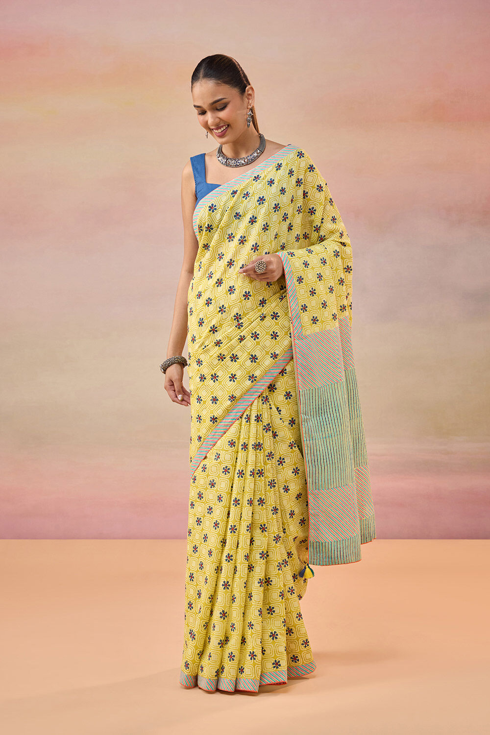 Light Yellow Pure Cotton Block Printed Bengal Saree image number null