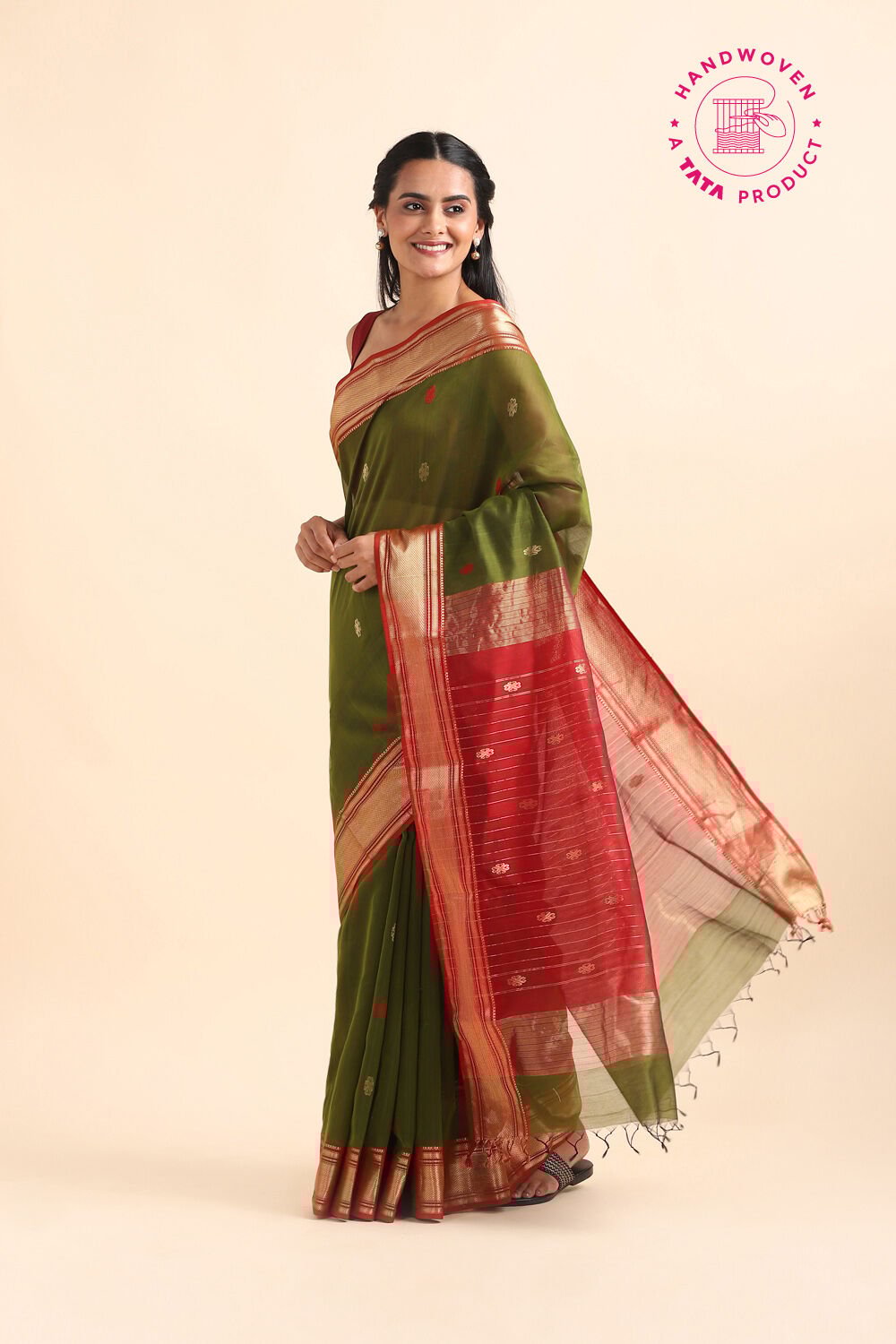 Green Pure Silk Cotton Maheswari Saree image number null