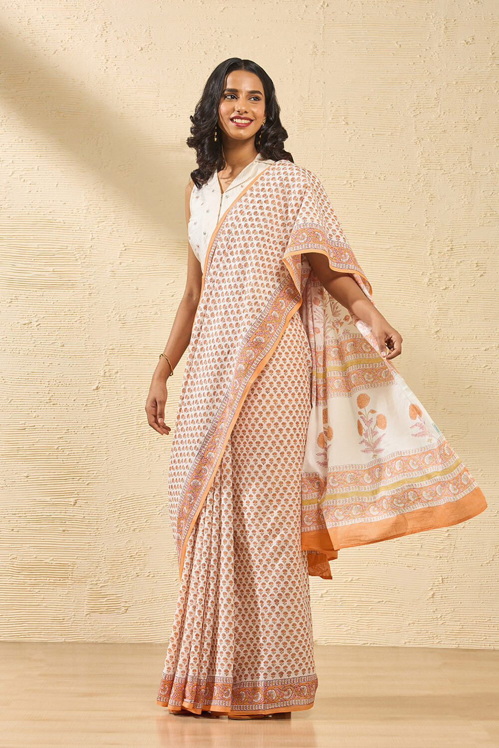 Light Orange Rajasthan Pure Cotton Printed Sanganeri Saree image number null