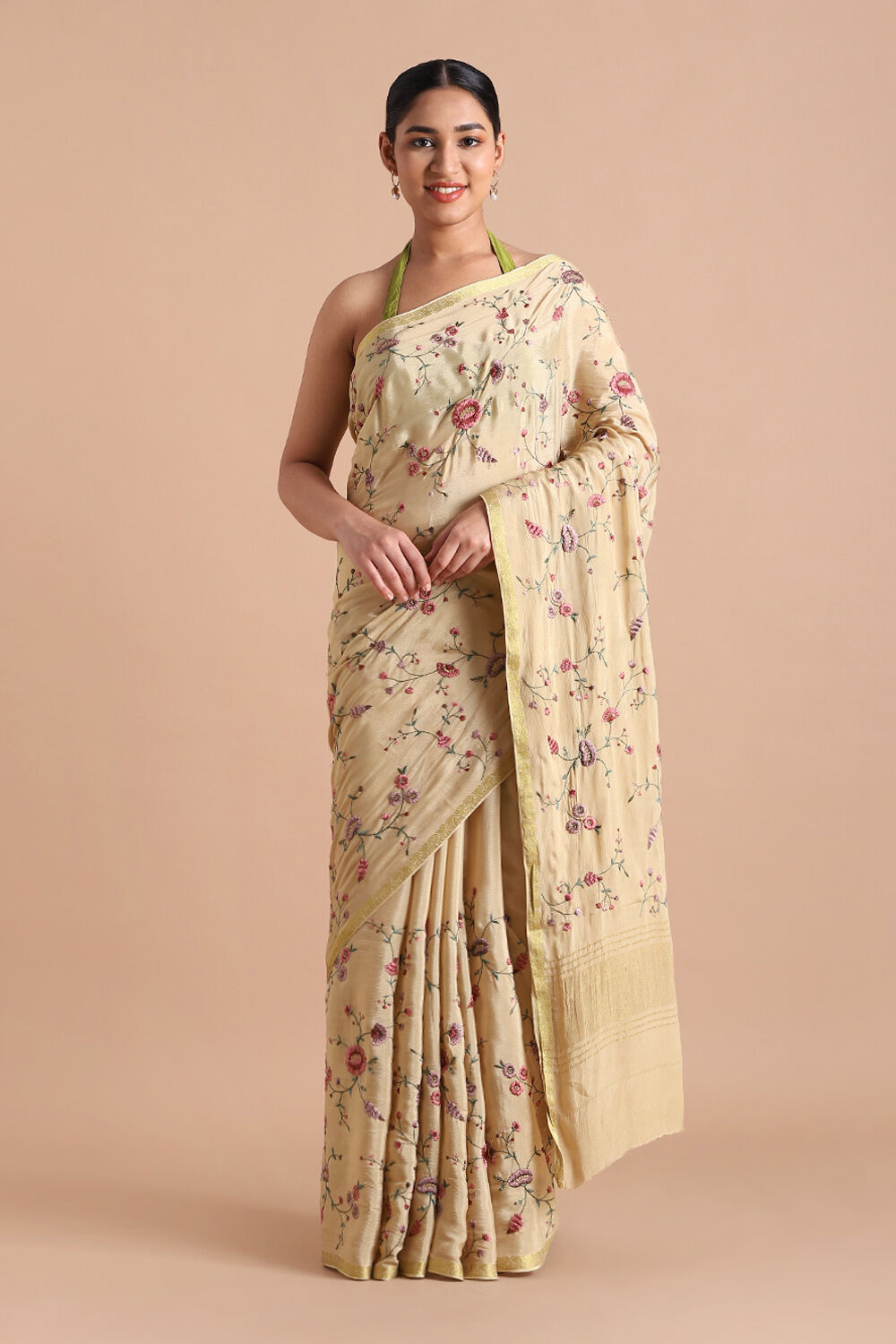 Beige Pure Viscose Embroidered Saree image number null