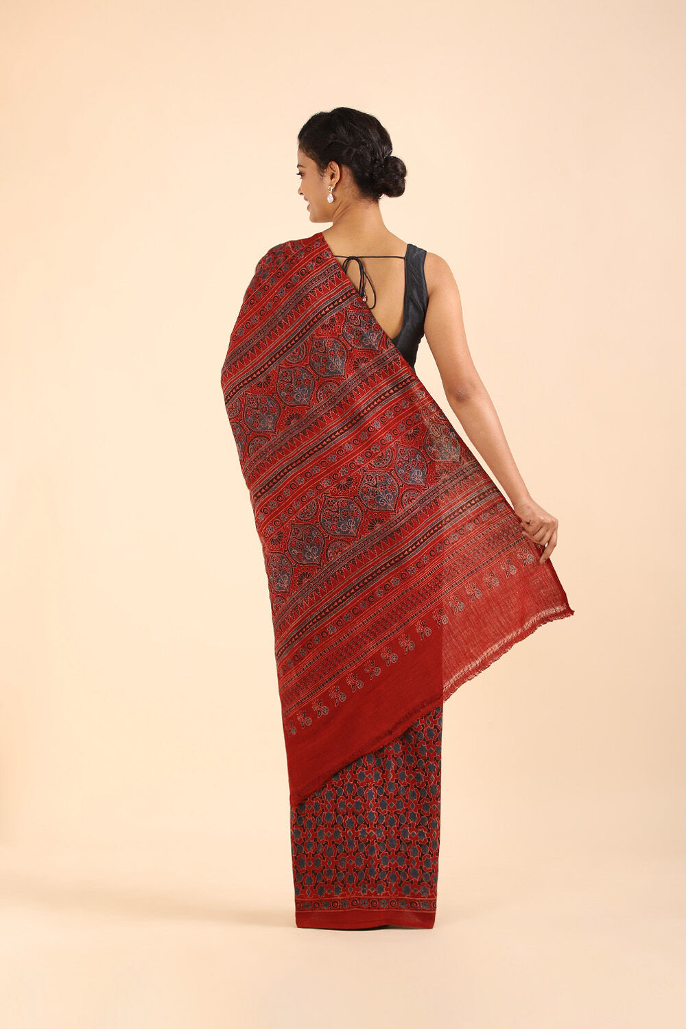 Red Pure Khadi Cotton Ajrakh Printed Saree image number null