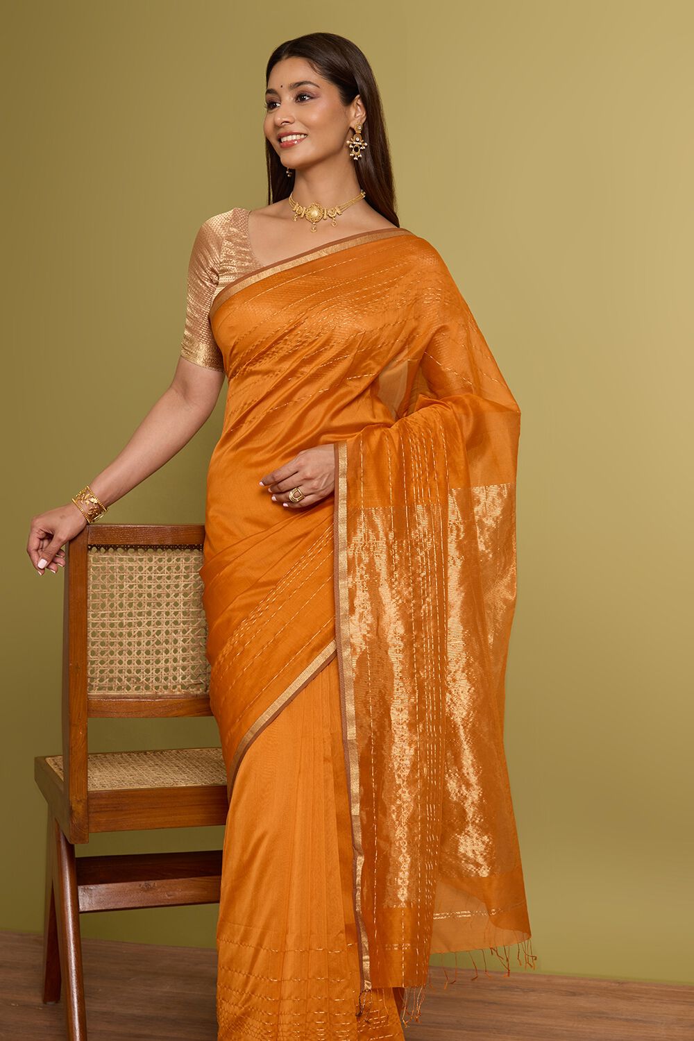 Orange - Handloom Maheshwari Saree with Resham Zari Border 23