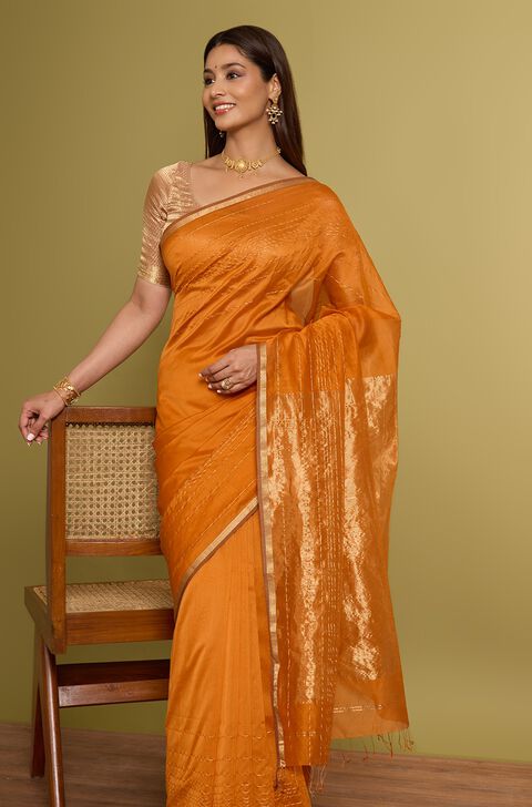 Orange Woven Pure Silk Cotton Maheshwari Saree