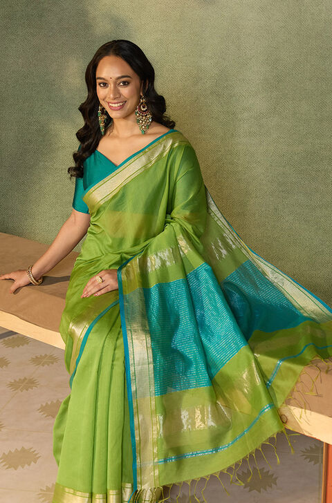 Light Green Woven Pure Silk Cotton Maheshwari Saree