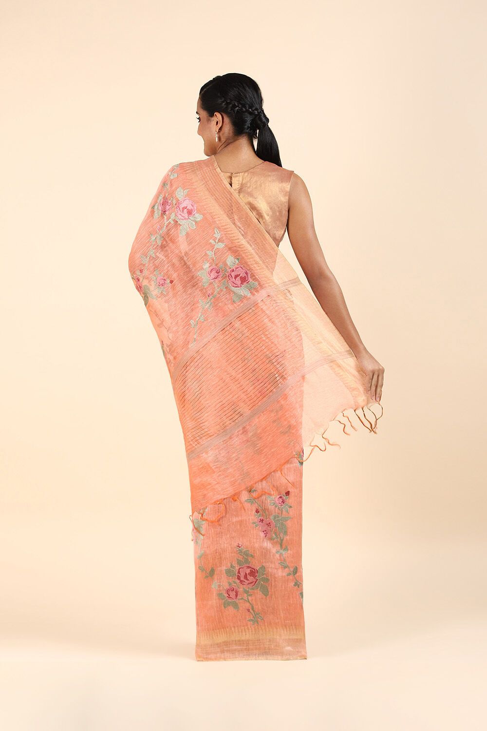 Light Orange Pure Silk Linen Embroidered Saree image number null