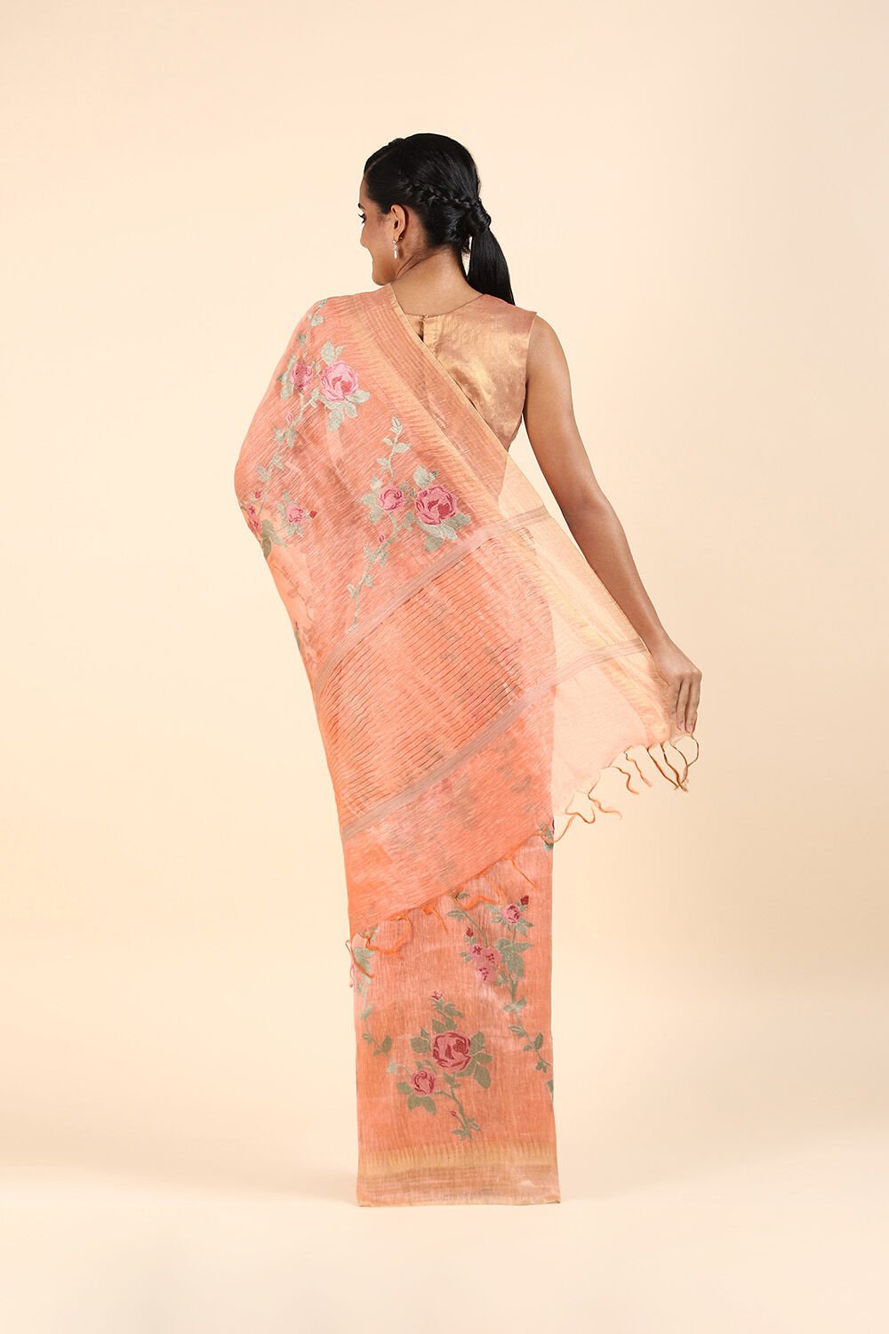 Light Orange Pure Silk Linen Embroidered Saree image number null