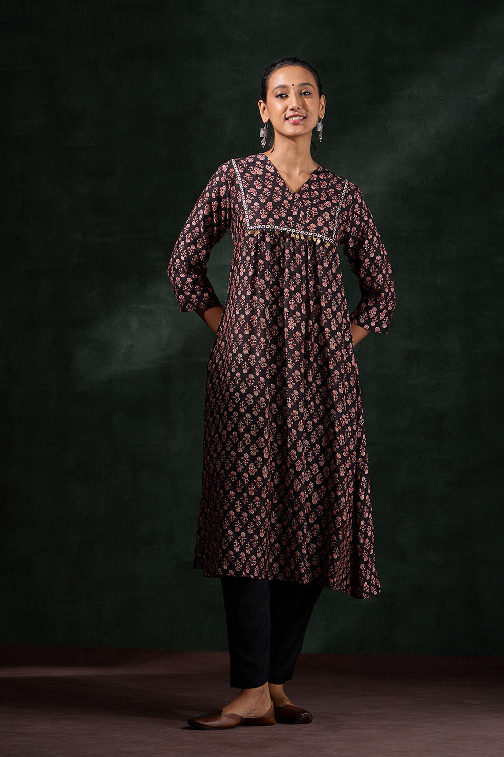 Black Screen Printed Viscose Kurta Set image number null