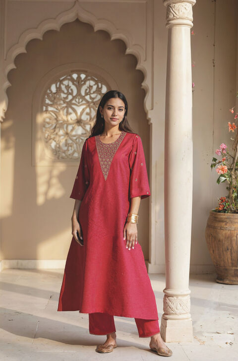 Red Viscose Cotton Embroidered Kurta Set