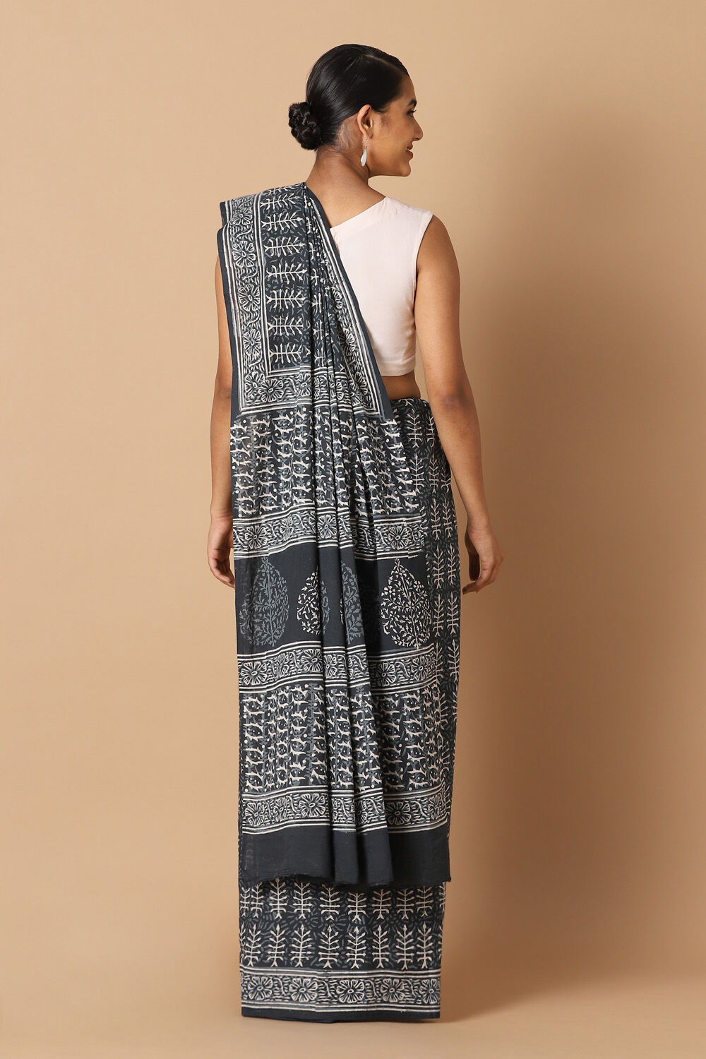 Black Pure Cotton Block Printed Saree image number null