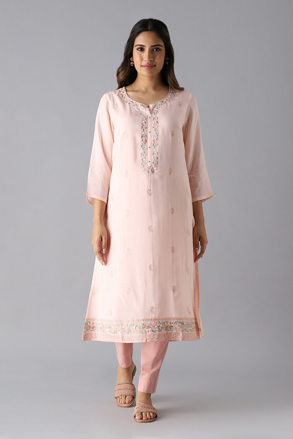 Light Pink Viscose Embroidered Kurta image number null