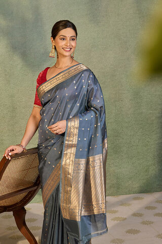 Grey Silk Viscose Cutwork Banaras  Saree image number