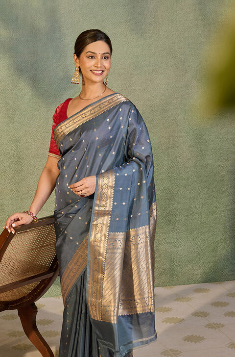 Grey Silk Viscose Cutwork Banaras  Saree