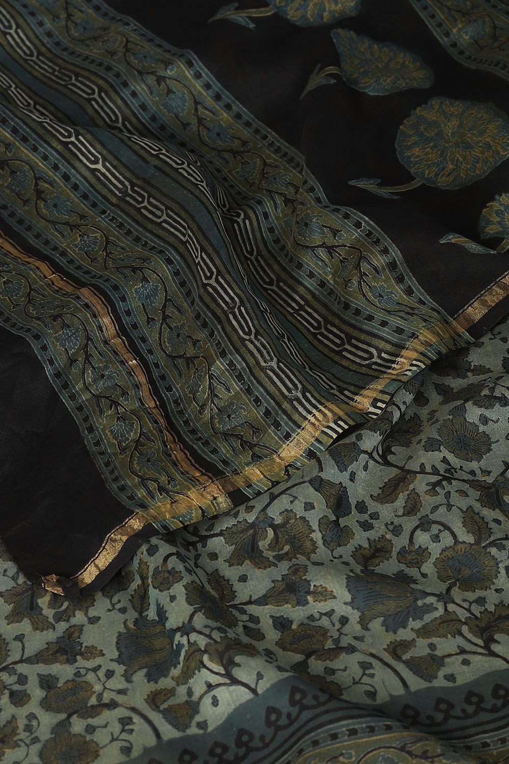 Dark Green Pure Silk Cotton Bagru Printed Saree image number null