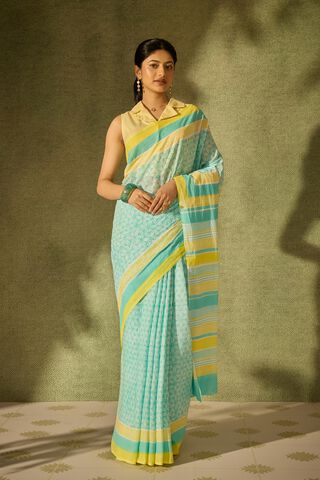 Light Blue Pure Cotton Block Printed Bengal Saree thumbnail image number null