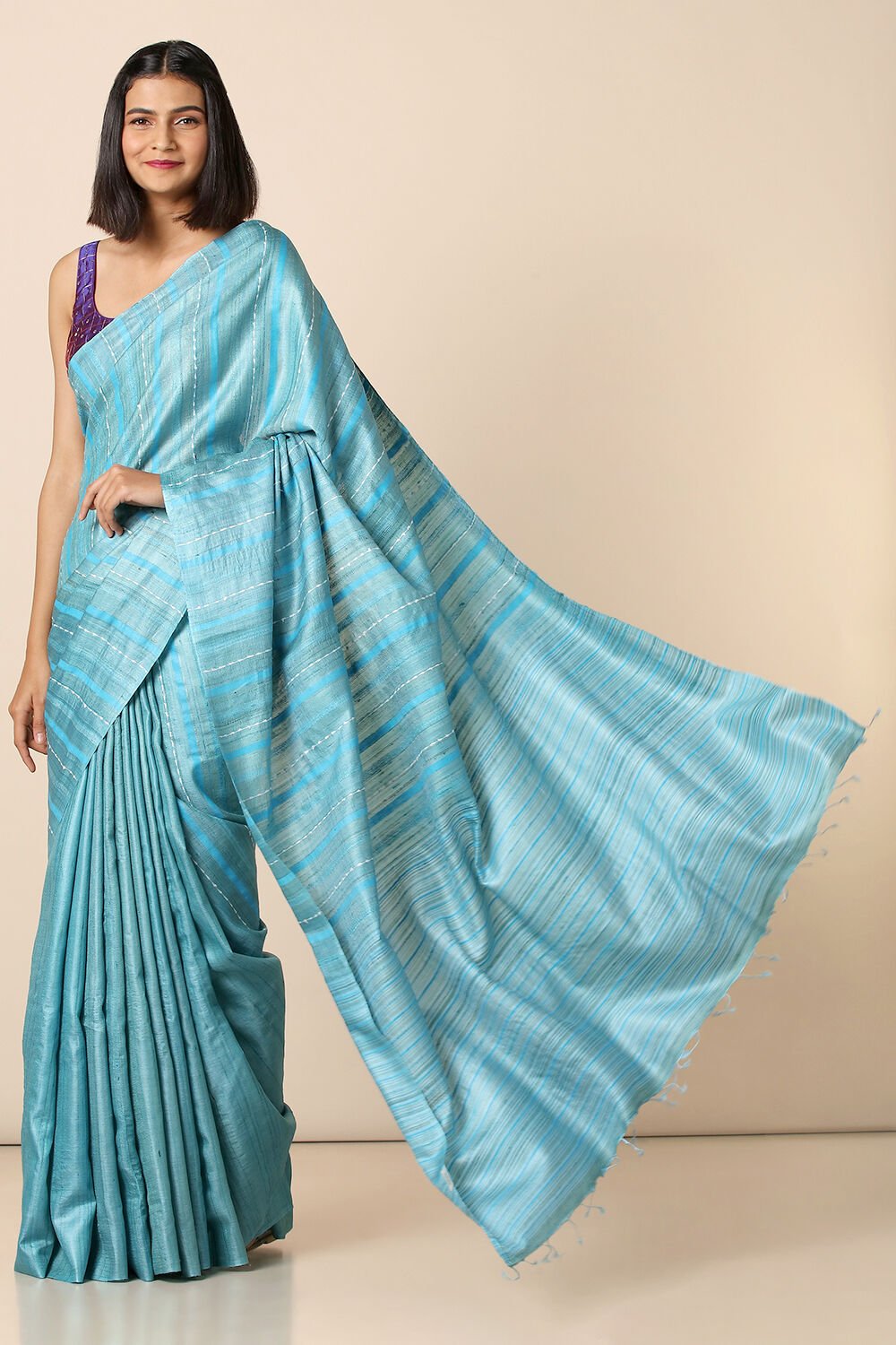 Light Pure Blue Tussar Woven Saree image number null