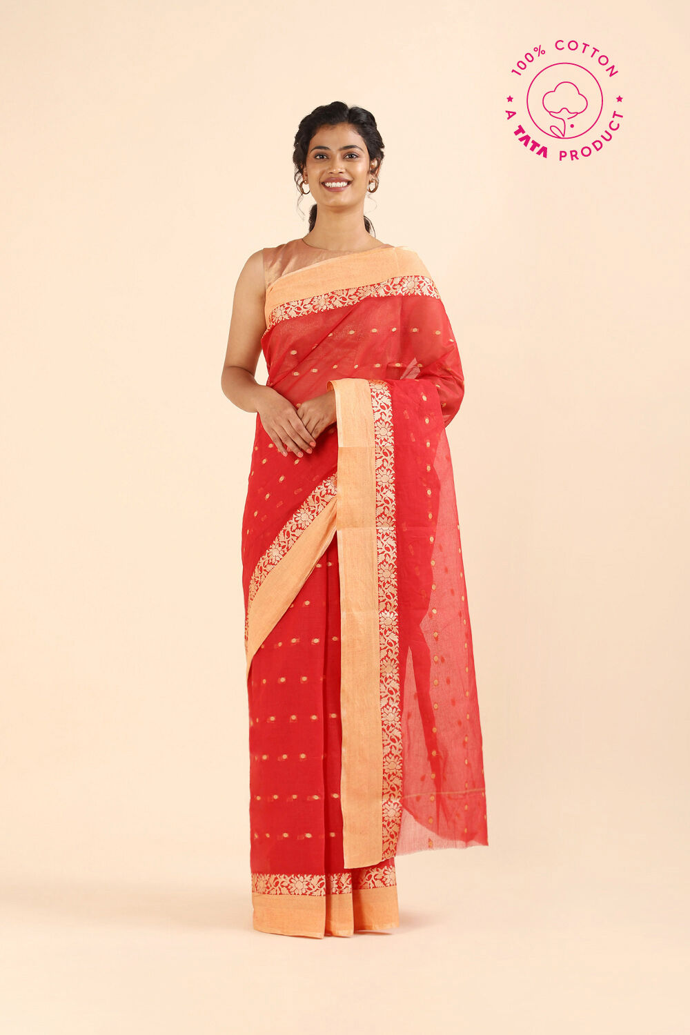 Red Pure Cotton Bengal Saree image number null