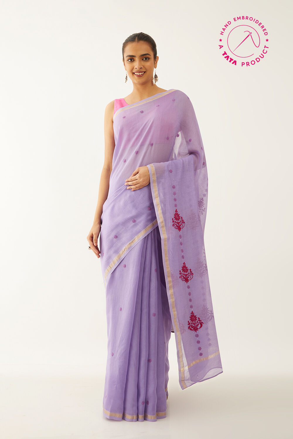 Violet Pure Silk Cotton Chikankari Embroidery Saree image number null