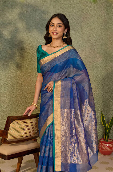 Dark Blue Woven Pure Silk Cotton Saree