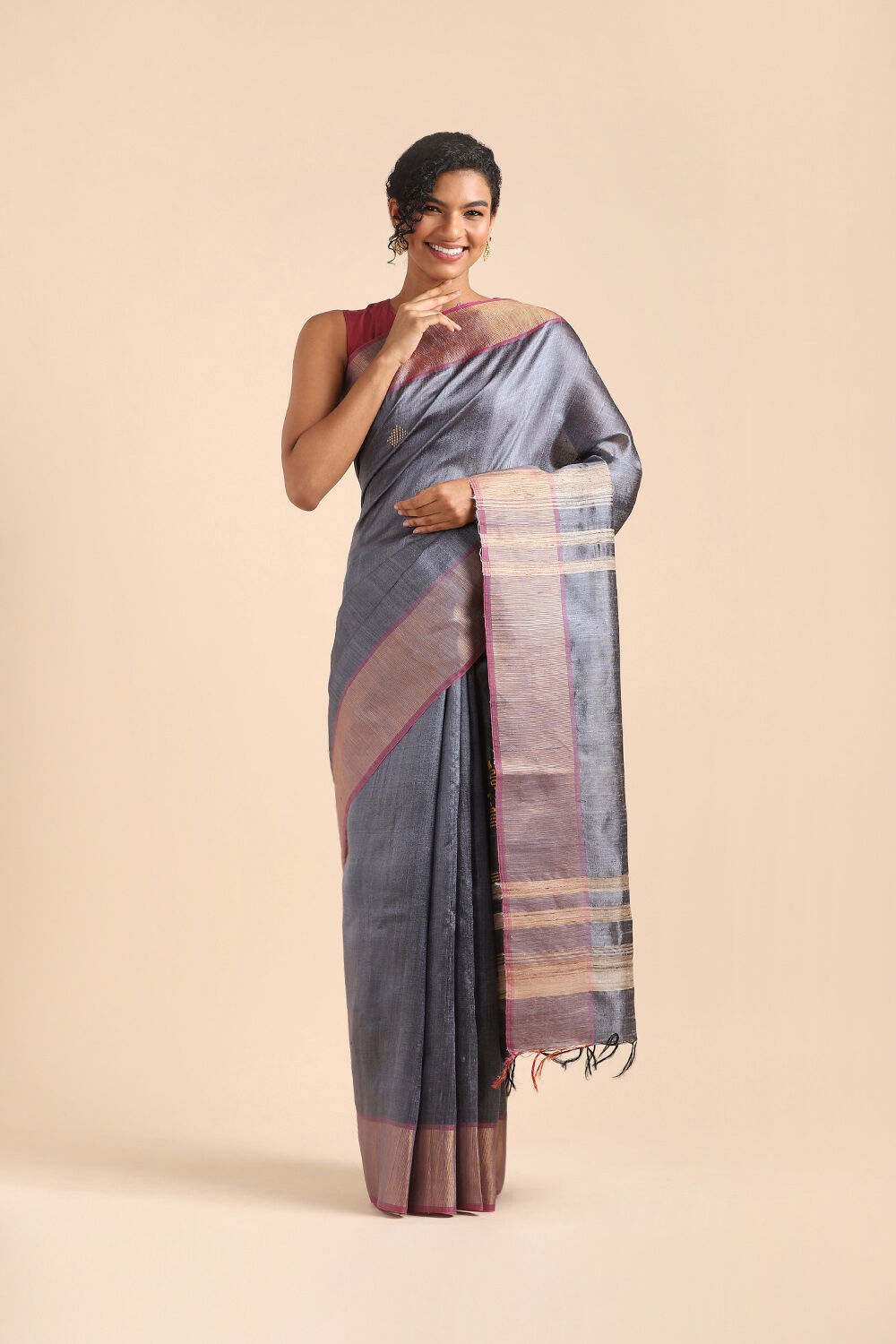 Grey Pure Tussar Silk Bhagalpuri Saree image number null