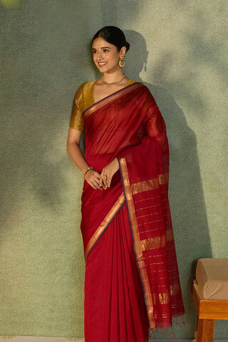 Red Woven Pure Silk Cotton Maheshwari Saree image number