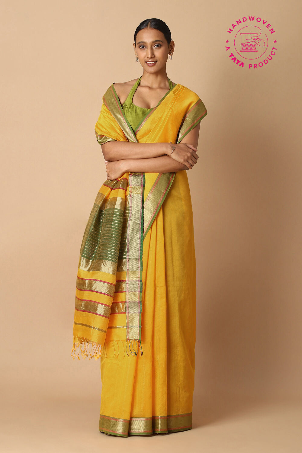 Yellow Pure Silk Cotton Maheswari Saree image number null