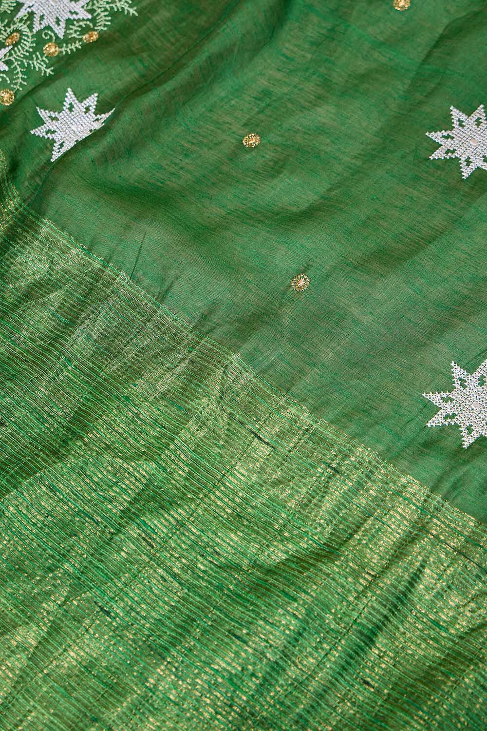 Green Pure Silk Linen Embroidered Saree image number null