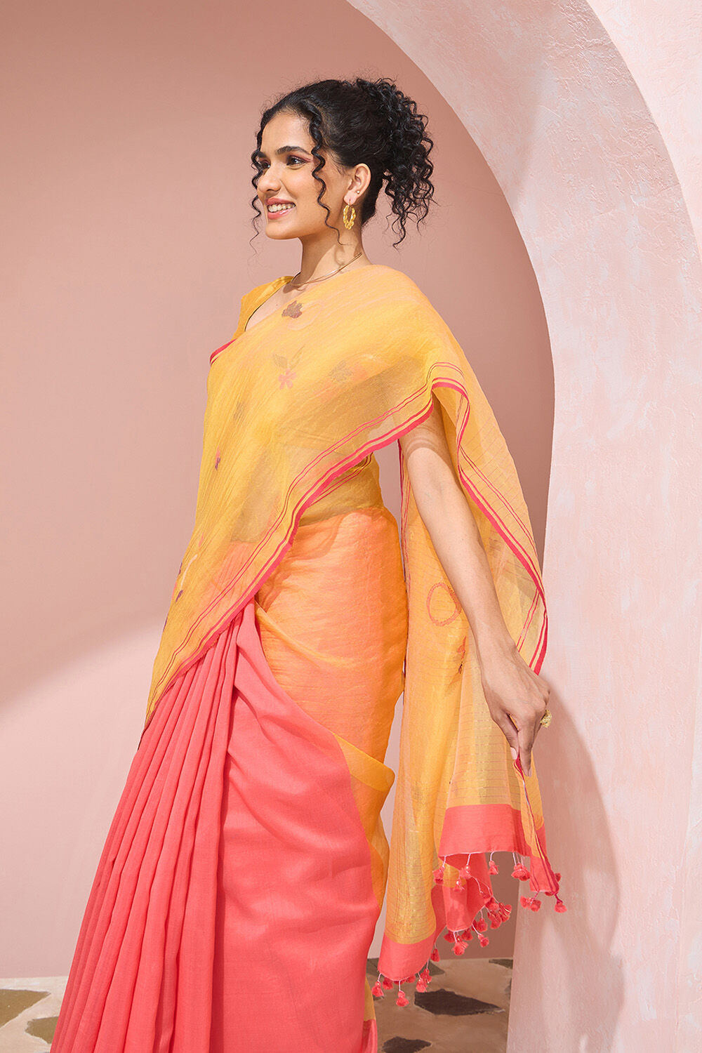 Pink Bengal Pure Silk Cotton Jamdani Saree image number null