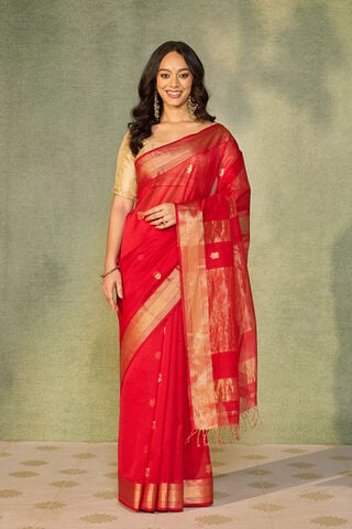 Red Woven Pure Silk Cotton Maheshwari Saree thumbnail image number null
