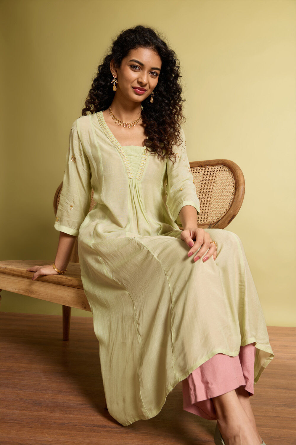 Light Green Viscose Embroidered Kurta image number null
