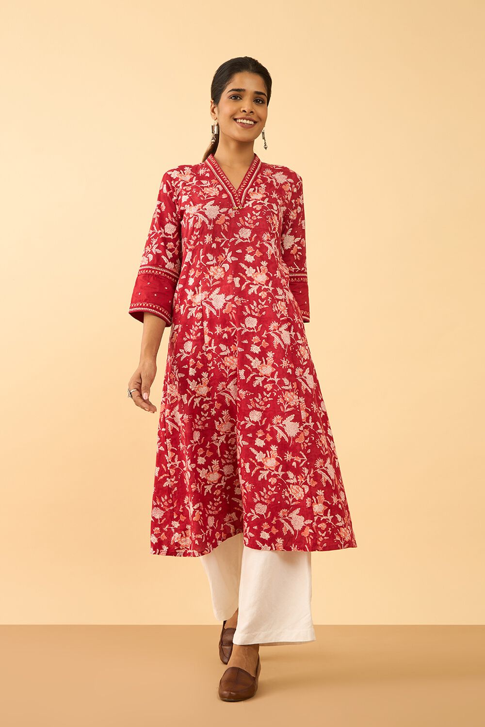 Red Pure Cotton Printed Sanganeri Kurta image number null