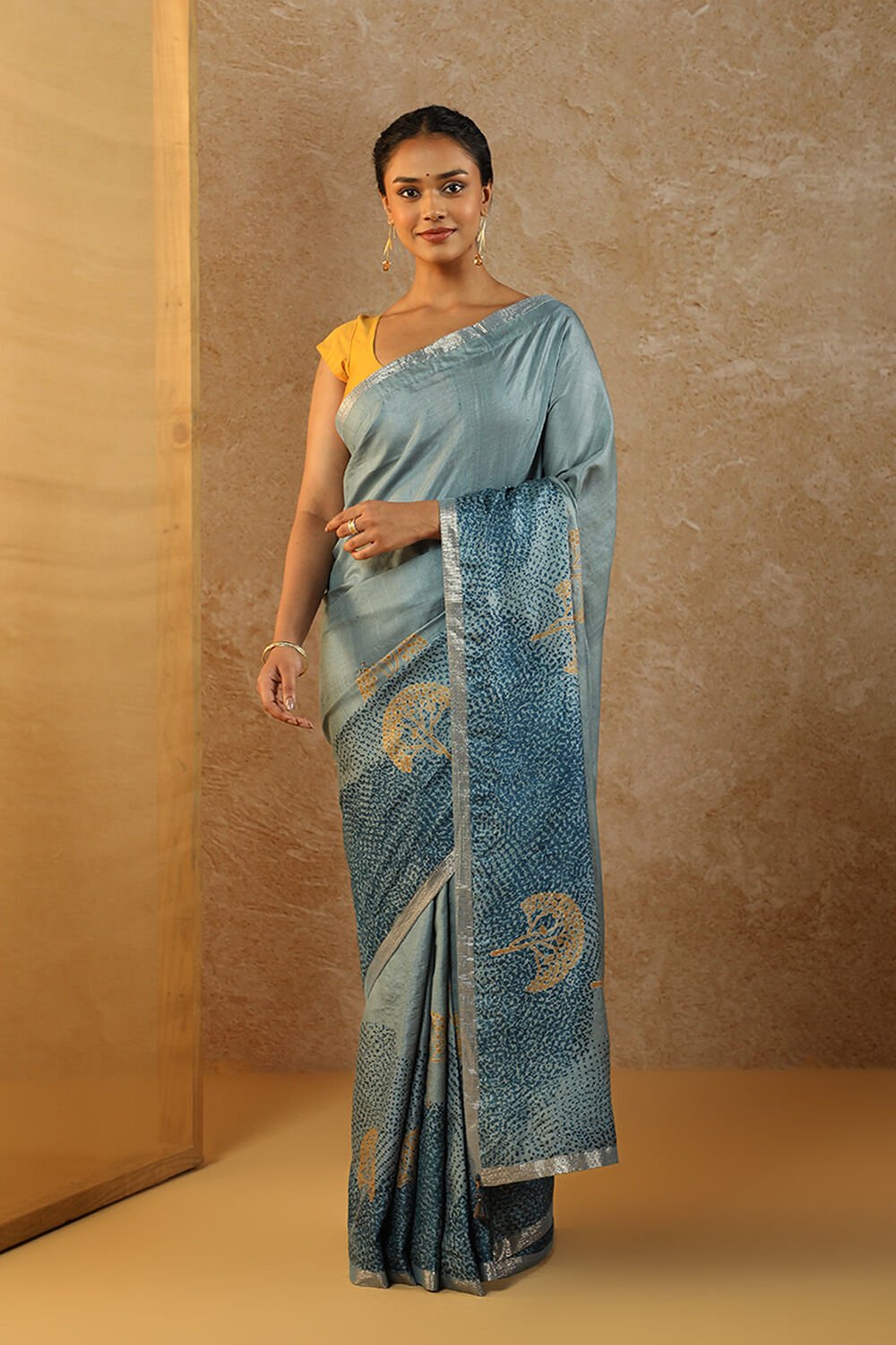 Blue Pure Tussar Silk Hand Painted Saree image number null