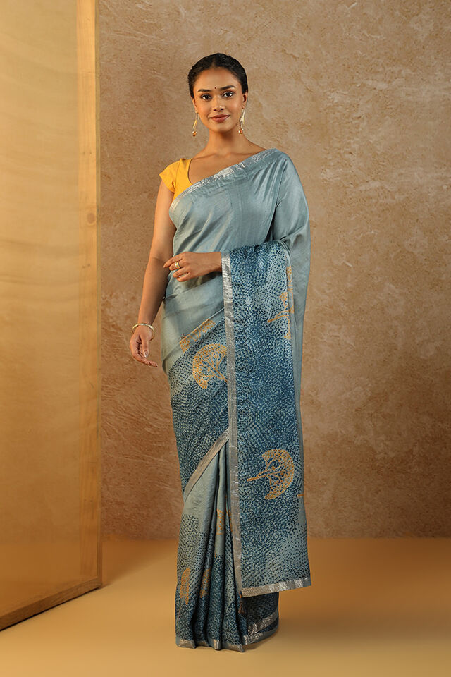Blue Pure Tussar Silk Hand Painted Saree