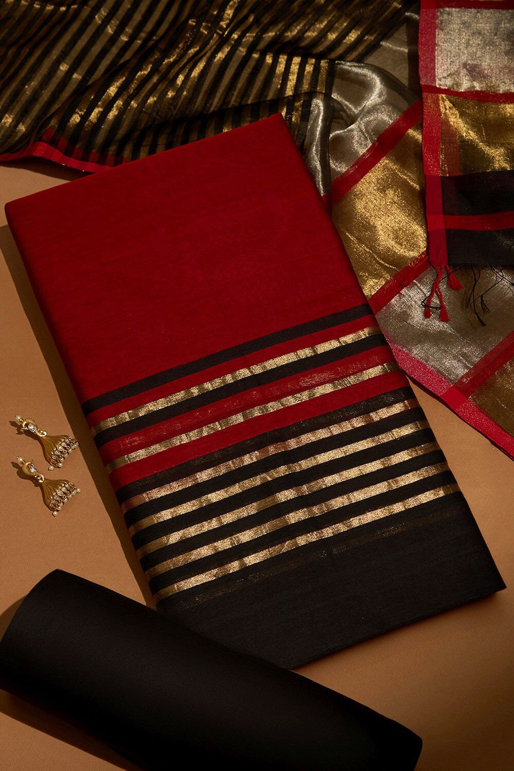 Red Woven Pure Silk Cotton Unstitched Suit Set image number null