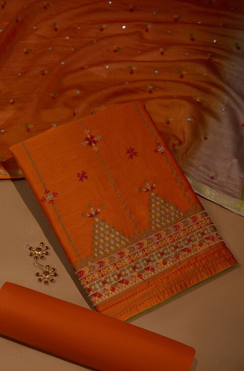 Orange Pure Silk Cotton Embroidered Unstitched Suit Set