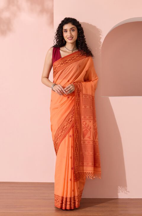 Light Orange Bengal Pure Cotton Jamdani Saree